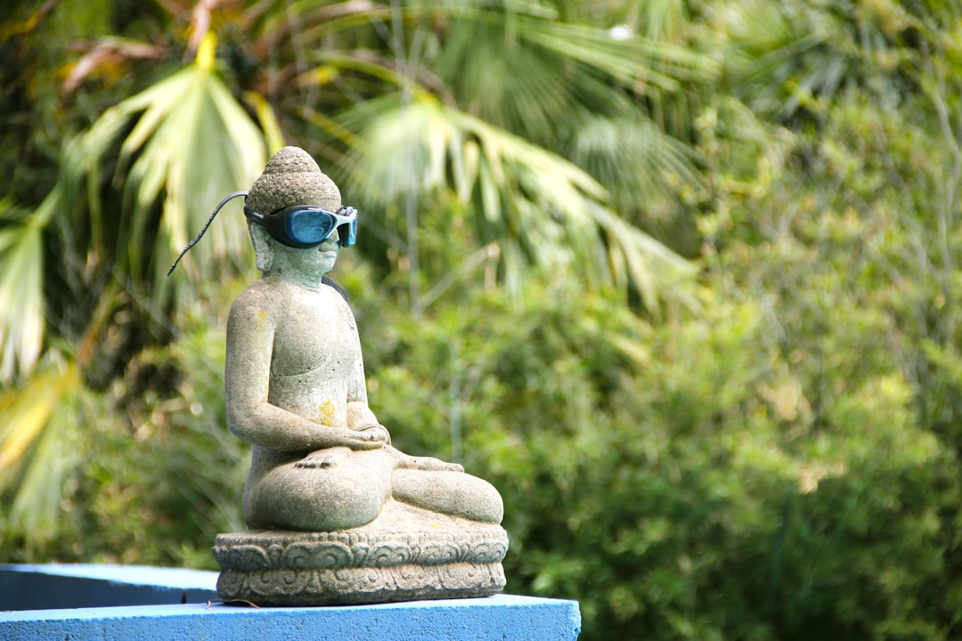 A serene individual wearing a sleek EEG headband, with subtle, illuminated digital brainwave patterns flowing from the device and converging around their head, symbolizing the measurement of meditative states.