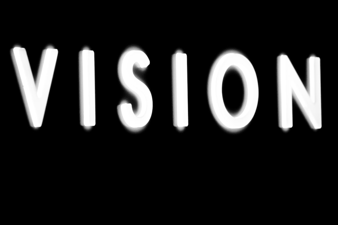 The word VISION appears in bold, bright white glowing letters against a stark black background, symbolizing clarity and optimal eye health.