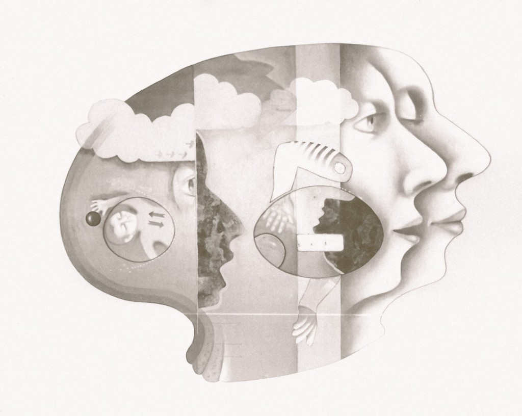 Abstract gray-scale illustration of a human head split into sections, revealing layers of faces, clouds, and intricate internal forms, conceptually representing the gut-brain axis's influence on cognition and mood.