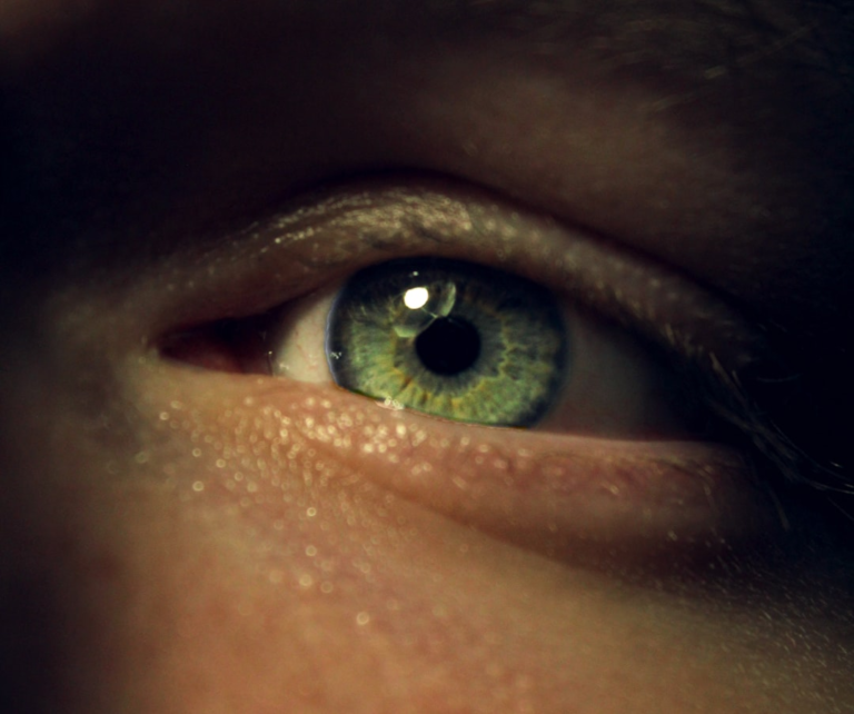 Intense close-up of a vivid green human eye with a prominent light reflection on the iris, illustrating the intricate focus on eye health and vision.