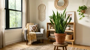 Vibrant green snake plant and pothos in modern indoor setting