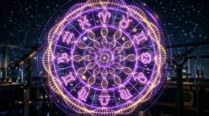 Futuristic biohacker analyzing astrological data on a digital interface.