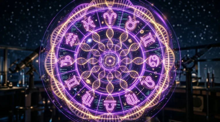 Futuristic biohacker analyzing astrological data on a digital interface.