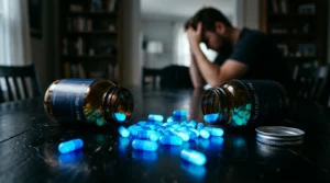 Bryan Johnson looking concerned near rapamycin supplement bottles