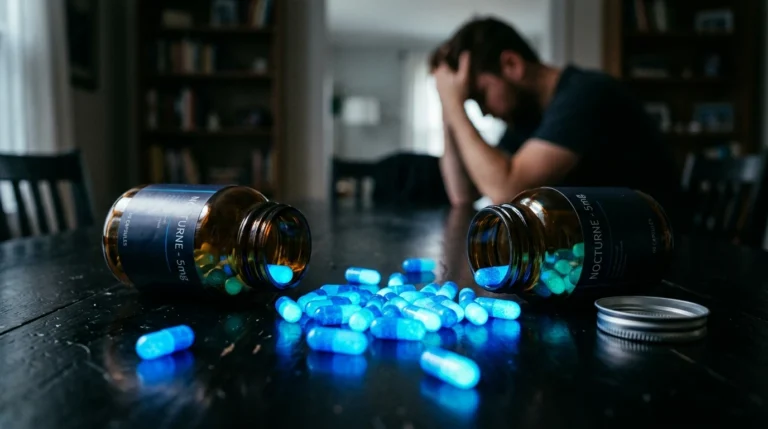Bryan Johnson looking concerned near rapamycin supplement bottles