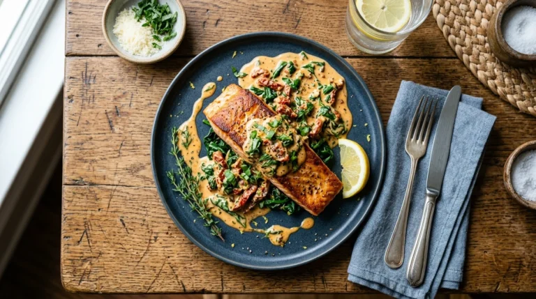 Pan seared creamy garlic Tuscan salmon with spinach and tomatoes.
