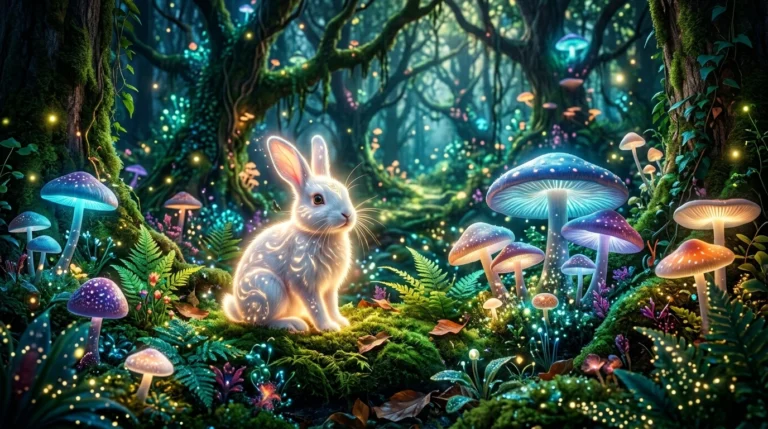 A white rabbit sitting in a surreal dreamscape environment