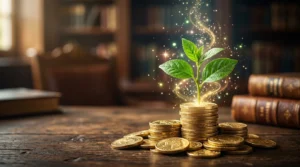 Magnifying glass analyzing compound interest math and financial growth.