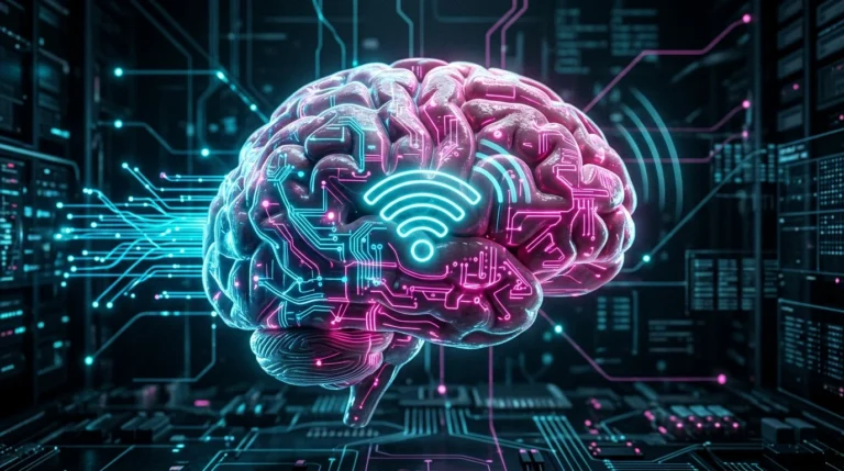 Human brain overlaid with digital software code and Neuralink interface