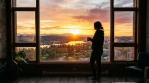 Person viewing bright morning sunlight to optimize circadian rhythm.