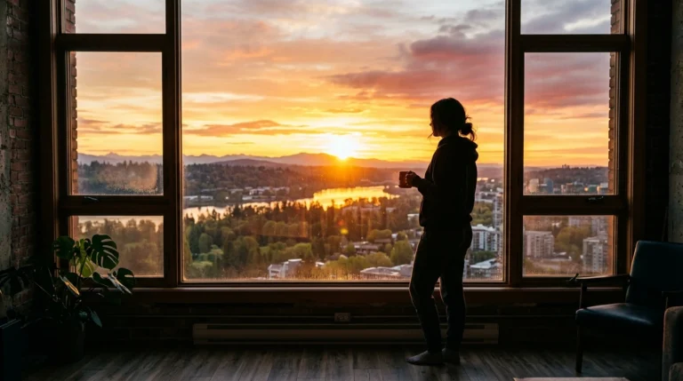 Person viewing bright morning sunlight to optimize circadian rhythm.