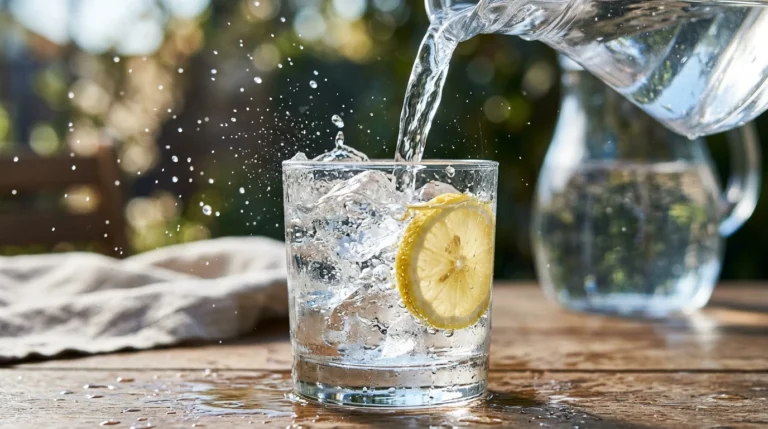 A glass of water next to a glowing human brain.