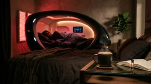 Person resting in a dark room with a sleep optimizer.