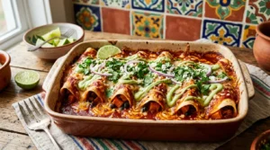 Vegan sweet potato and black bean enchiladas with avocado crema