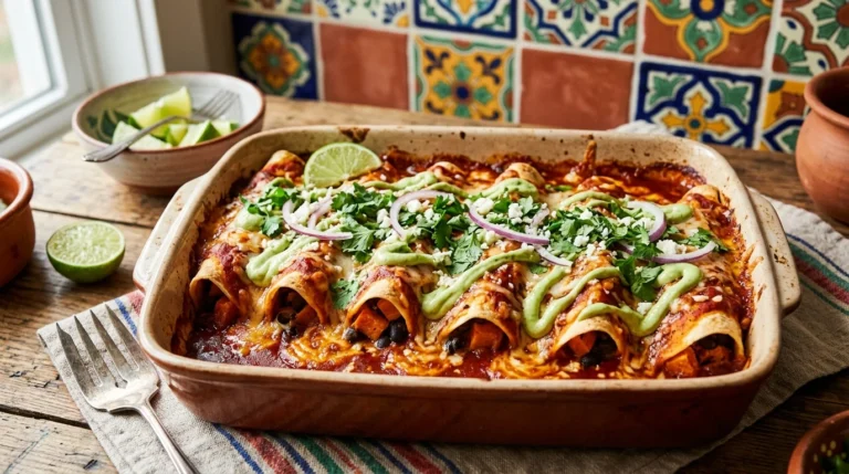 Vegan sweet potato and black bean enchiladas with avocado crema